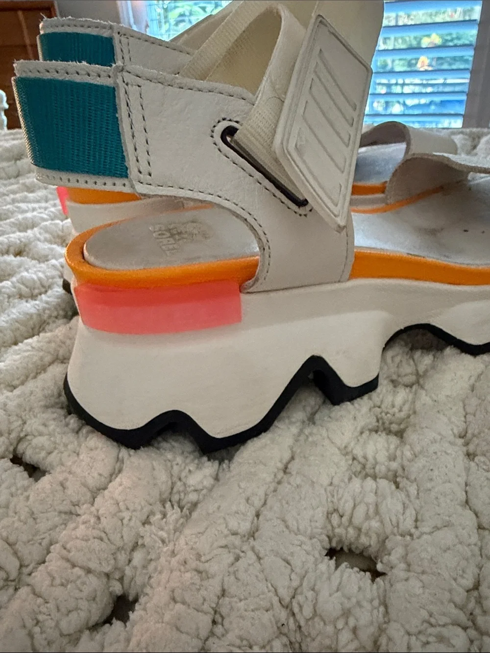 Sorel White Sandal with Orange and Teal Accents